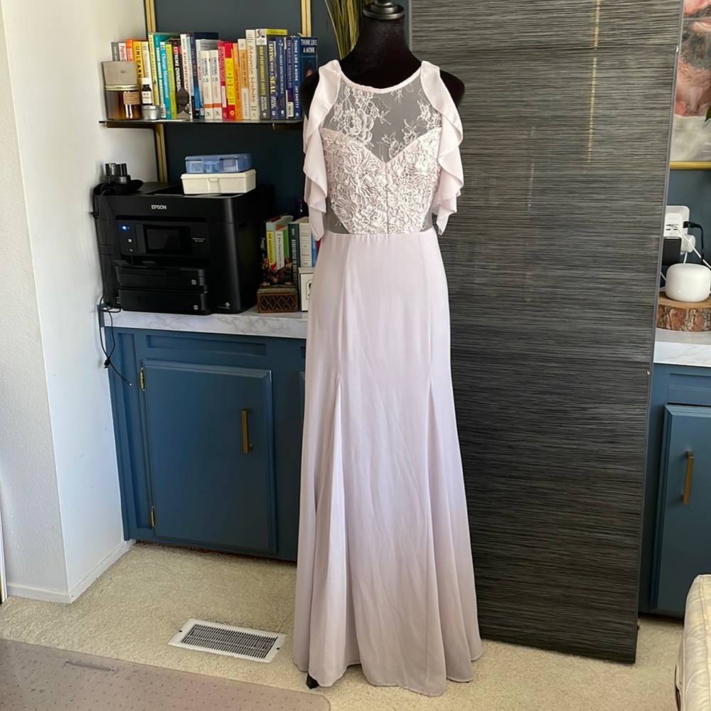 Soiéblu lavender lace sweetheart bodice maxi full length gown